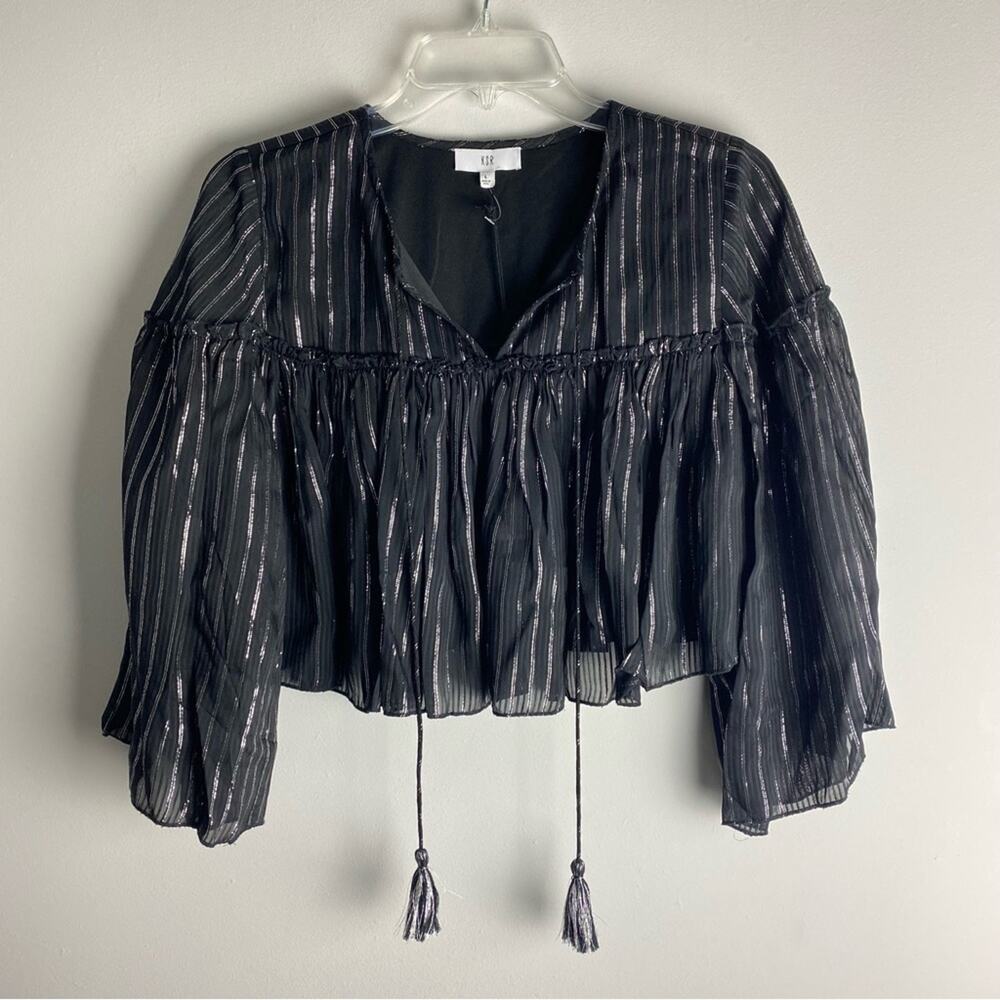 NSR Boho Black Silver Metallic Flowy Cropped Top Blouse